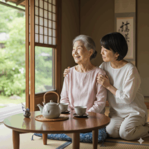 Gemini_介護者が笑顔で認知症の高齢者と穏やかに過ごしているイメージ写真