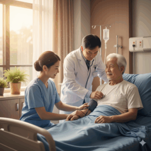 Gemini_高齢男性と、優しくバイタルチェックを行う看護師や医師の写真