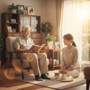 Gemini_自宅での安定した生活、介護ストレスからの解放、穏やかな時間を過ごすイメージ