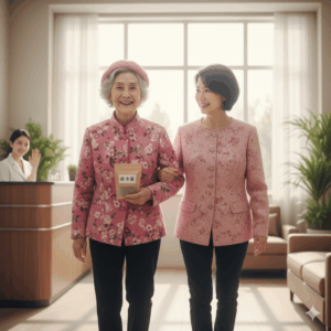 Gemini_衰弱して入院していた80代後半の女性は退院し、元気に漢方専門医の病院に通院しているイメージ写真