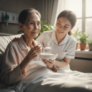 Gemini_漢方薬で回復し、食欲不振で衰弱していた80代後半の女性がお粥を食べられるようになったイメージ写真