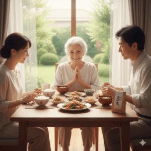 Gemini_漢方薬のおかげで不眠もイライラも過食もおさまり、家族と一緒に楽しく普通の食事をいただいているイメージ写真