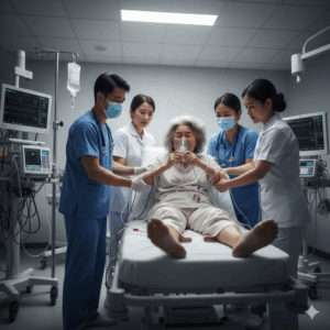 Gemini_救急治療室で、点滴の管を自分で引き抜き、酸素マスクを外して大暴れしている80代後半の女性を必死に助けようとしている医者や看護師たちのイメージ写真