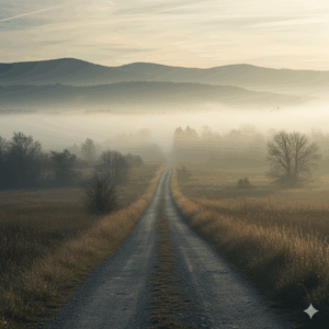Gemini_霧のかかった遠方や穏やかで落ち着いた自然の風景へと続く道。介護という旅路と希望を象徴