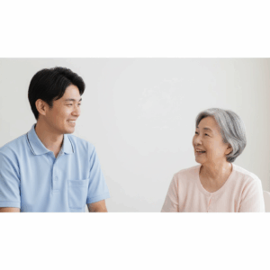 Gemini_介護者と高齢者の方が笑顔で穏やかに会話しているイメージ
