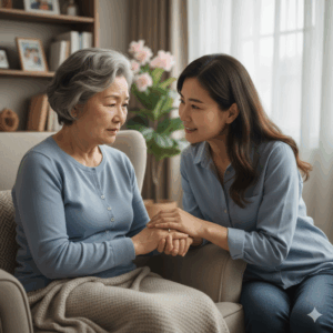Gemini_高齢者の方が不安そうな表情で、家族に慰められているイメージ