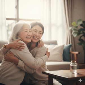 Gemini_漢方薬のおかげで体調がよくなり、抱き合って喜び合う高齢女性と介護者のイメージ写真