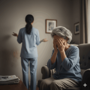 Gemini_認知症の方が両手で顔を覆ったり、背を向けたりしているイメージ