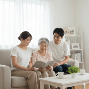 Gemini_穏やかな光が差し込む家の中の団らん。ポジティブケアを通じて得られる、家族の穏やかな日常と安心感