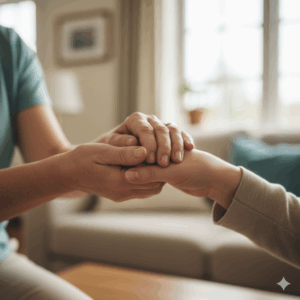 Gemini_誰かの手が別の人（介護者や家族）の手を優しく握っているイメージ