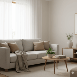 Gemini_（リビングなど）室内で穏やかで落ち着いた雰囲気のシンプルな画像。 BPSDを管理する上で、穏やかで安定した環境が重要であるイメージ