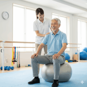 Gemini_79歳の男性がリハビリ室などで介護士と一緒に笑顔で軽い運動をしているイメージ写真