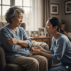 Gemini_介護拒否や困惑の表情を見せる高齢者と、優しく言葉をかけようとしている介護者(または家族)のイメージ