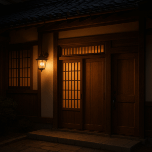 第3弾、🐻 住宅街でも安心！親の家を守るクマ対策と屋外照明５選　 (AI生成イメージ:夜の玄関のイメージ写真）