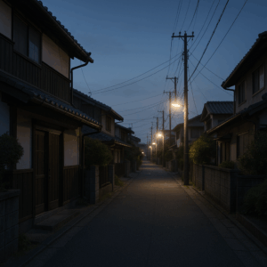 第3弾、🐻 住宅街でも安心！親の家を守るクマ対策と屋外照明５選　　（AI生成イメージ：夜の住宅街）