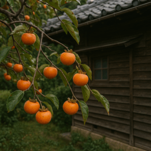 第3弾、🐻 住宅街でも安心！親の家を守るクマ対策と屋外照明５選  (AI生成イメージ：庭の柿の実）
