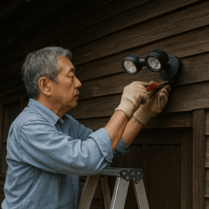 第3弾、🐻 住宅街でも安心！親の家を守るクマ対策と屋外照明５選　　（AI生成イメージ：屋外照明を取り付けている様子）