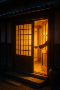 第3弾、🐻 住宅街でも安心！親の家を守るクマ対策と屋外照明５選　　（AI生成イメージ：実家の玄関）