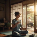 Gemini_血圧を測り、自分の健康をケアする女性介護者。背景に高齢の家族。